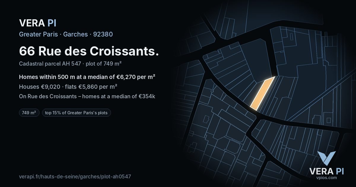 66 Rue des Croissants, Garches at night – the plot lit, the parcels around coloured by the prices near them