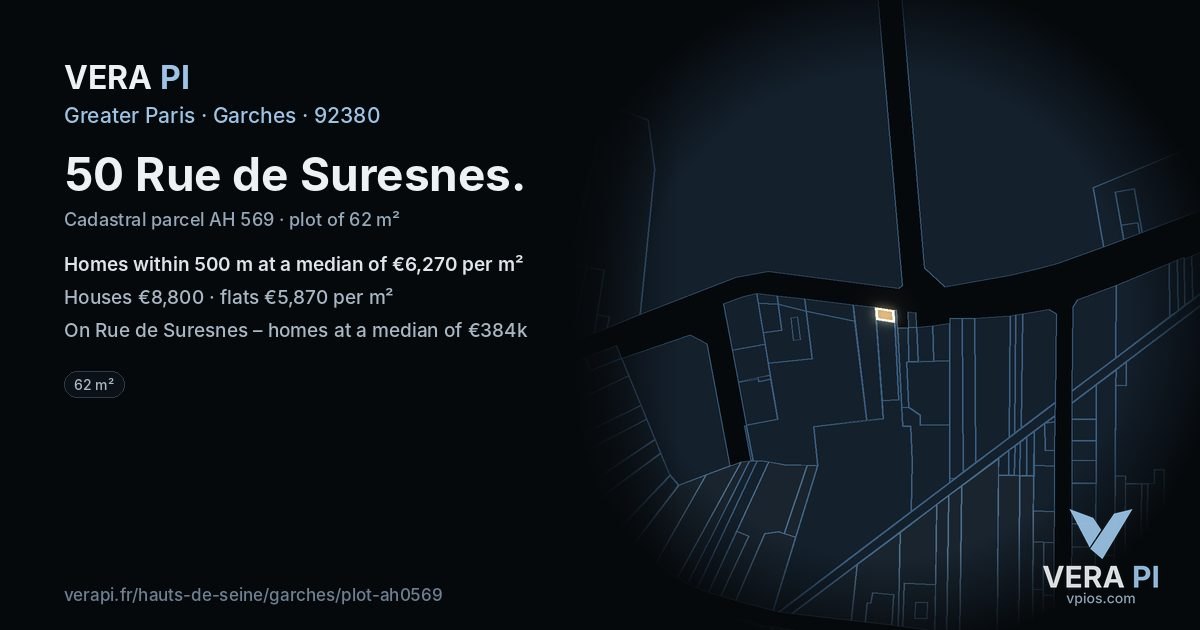 50 Rue de Suresnes, Garches at night – the plot lit, the parcels around coloured by the prices near them