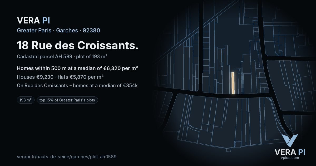 18 Rue des Croissants, Garches at night – the plot lit, the parcels around coloured by the prices near them