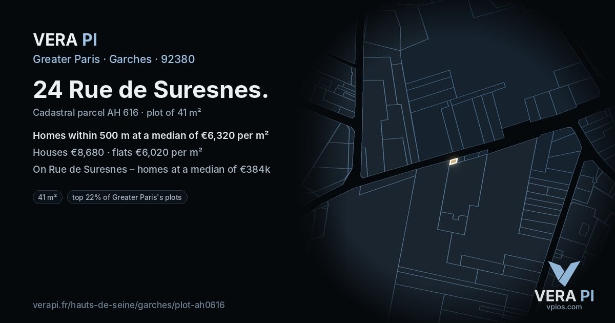 24 Rue de Suresnes, Garches at night – the plot lit, the parcels around coloured by the prices near them