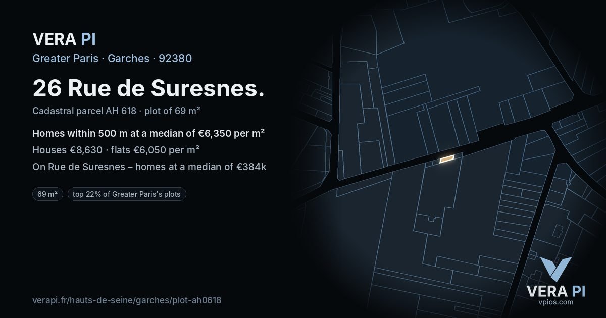 26 Rue de Suresnes, Garches at night – the plot lit, the parcels around coloured by the prices near them