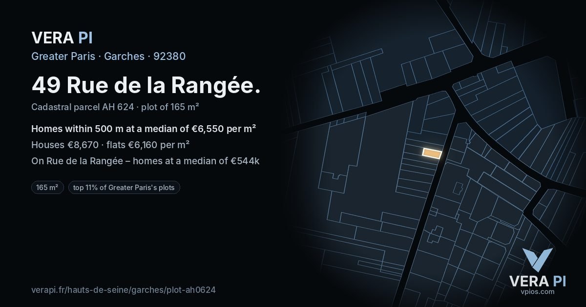 49 Rue de la Rangée, Garches at night – the plot lit, the parcels around coloured by the prices near them
