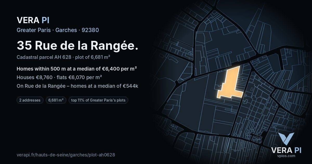 35 Rue de la Rangée, Garches at night – the plot lit, the parcels around coloured by the prices near them