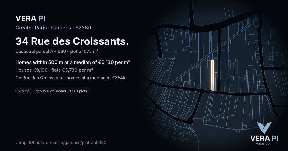 34 Rue des Croissants, Garches at night – the plot lit, the parcels around coloured by the prices near them