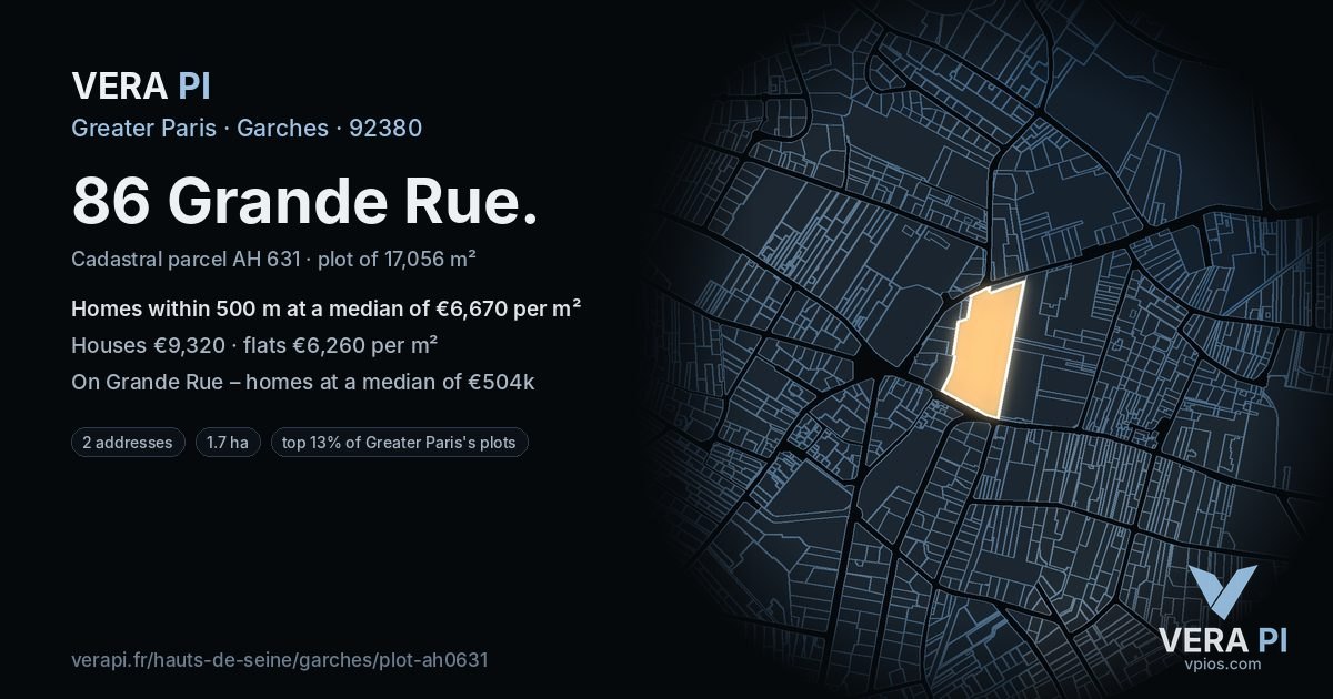 86 Grande Rue, Garches at night – the plot lit, the parcels around coloured by the prices near them