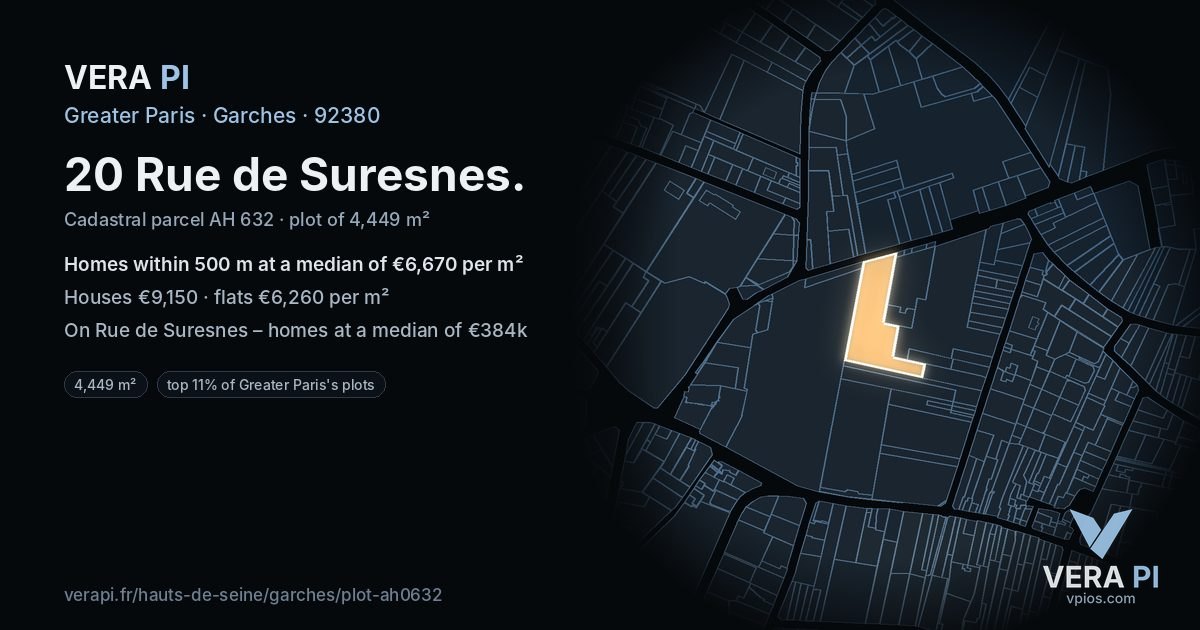 20 Rue de Suresnes, Garches at night – the plot lit, the parcels around coloured by the prices near them