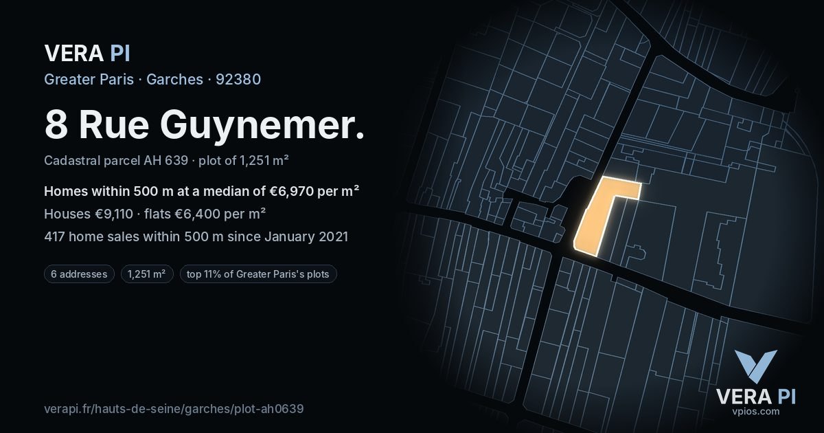 8 Rue Guynemer, Garches at night – the plot lit, the parcels around coloured by the prices near them