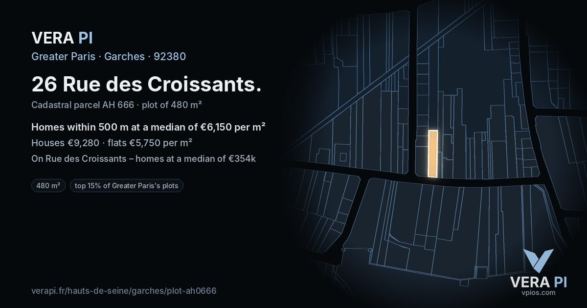 26 Rue des Croissants, Garches at night – the plot lit, the parcels around coloured by the prices near them