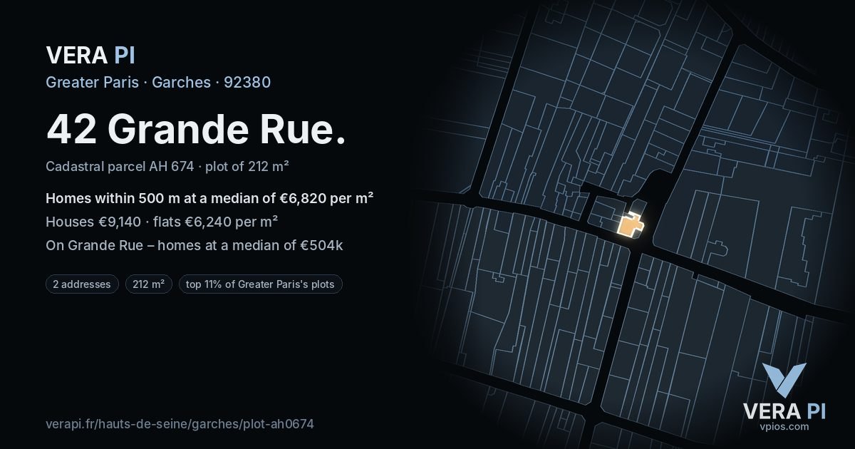 42 Grande Rue, Garches at night – the plot lit, the parcels around coloured by the prices near them