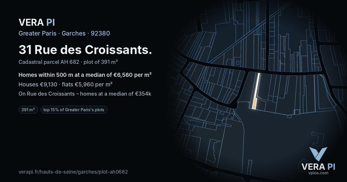 31 Rue des Croissants, Garches at night – the plot lit, the parcels around coloured by the prices near them