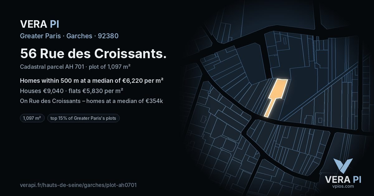 56 Rue des Croissants, Garches at night – the plot lit, the parcels around coloured by the prices near them