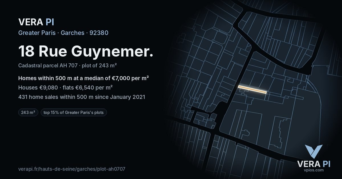 18 Rue Guynemer, Garches at night – the plot lit, the parcels around coloured by the prices near them
