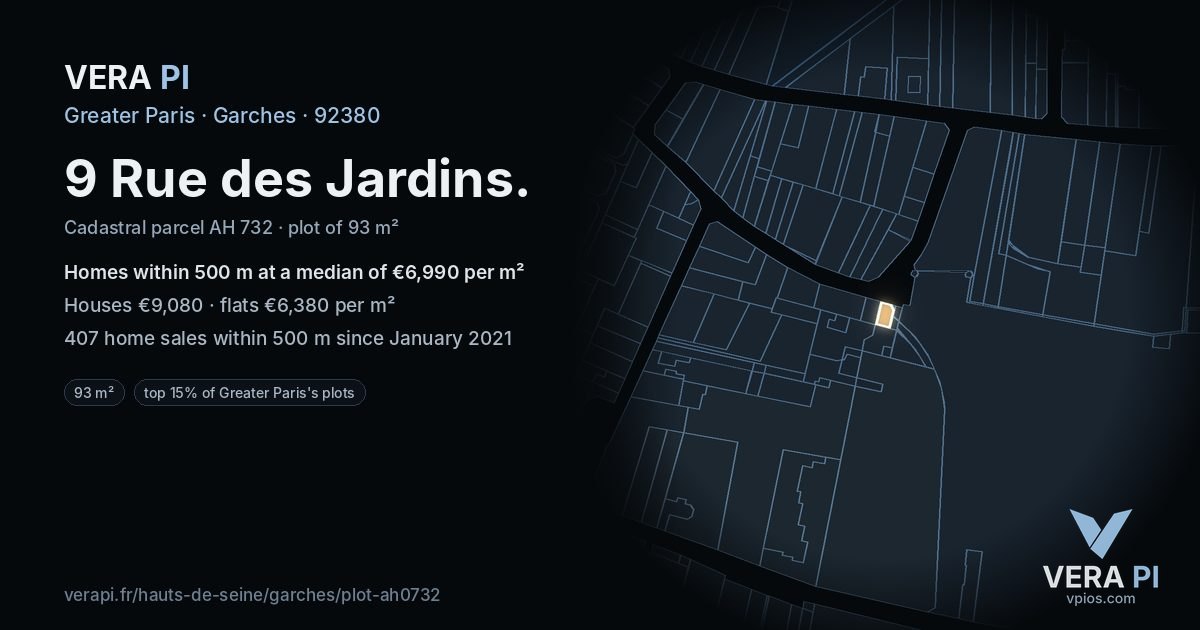 9 Rue des Jardins, Garches at night – the plot lit, the parcels around coloured by the prices near them