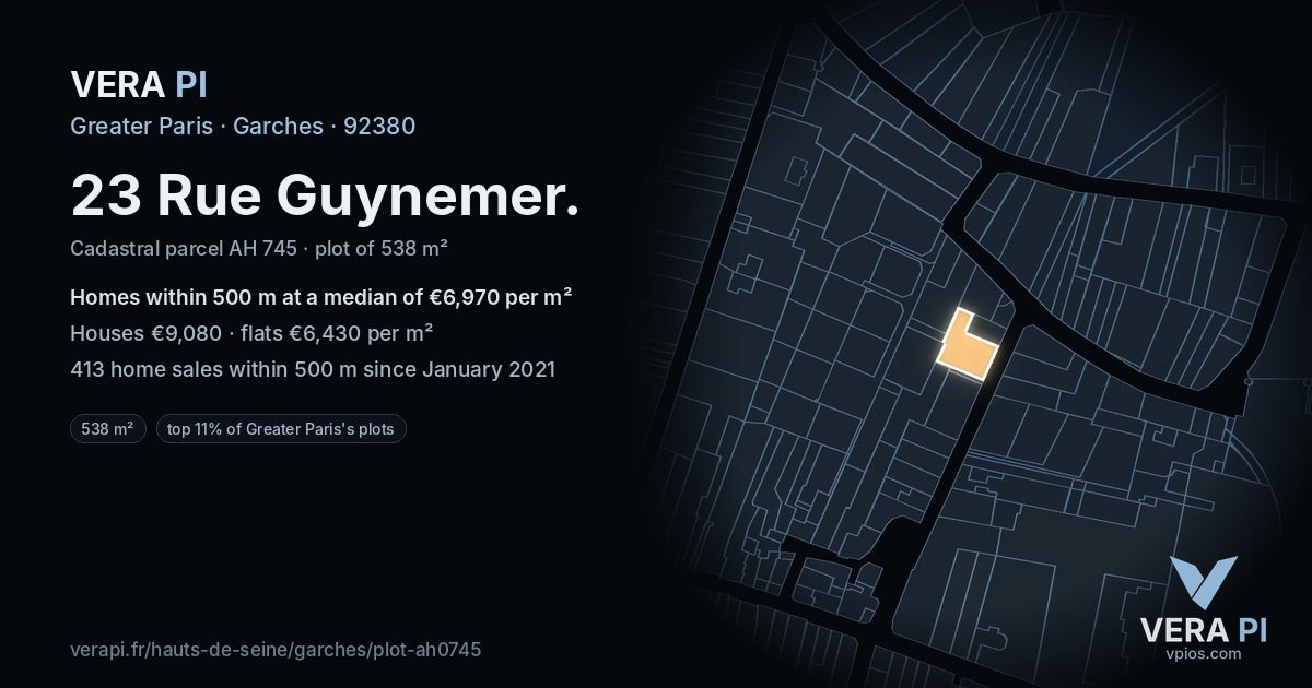 23 Rue Guynemer, Garches at night – the plot lit, the parcels around coloured by the prices near them