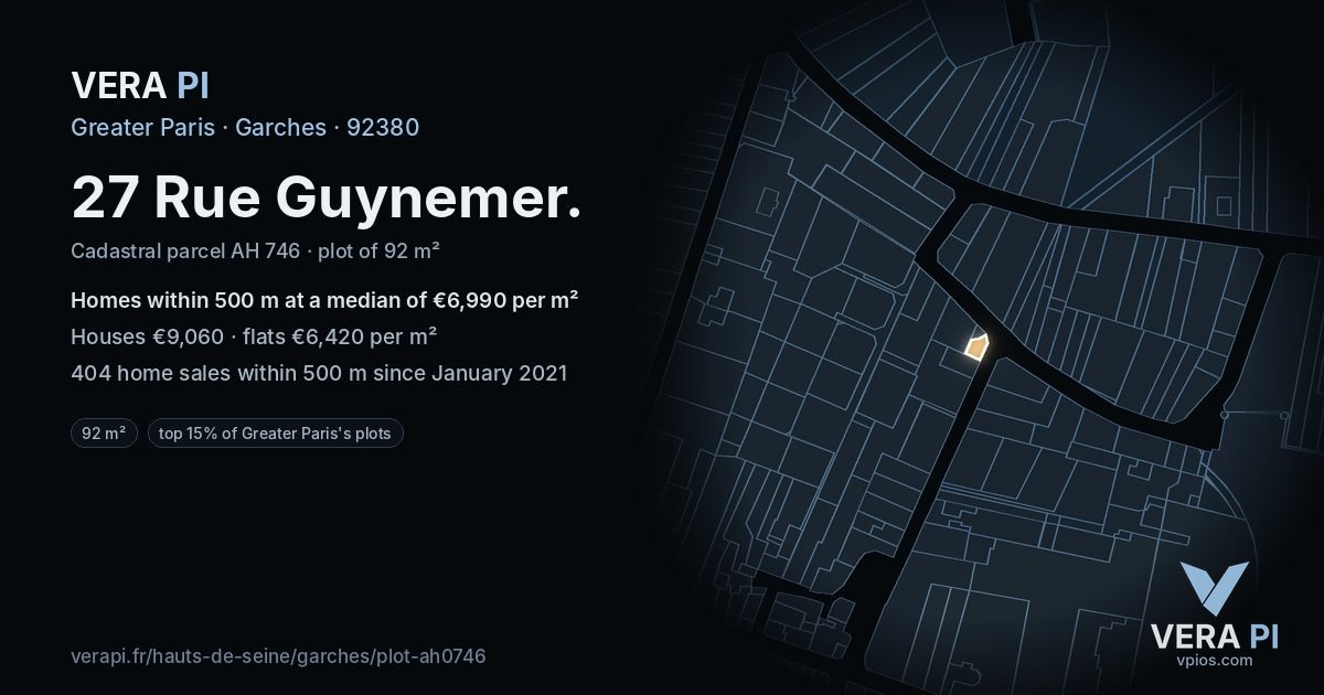 27 Rue Guynemer, Garches at night – the plot lit, the parcels around coloured by the prices near them