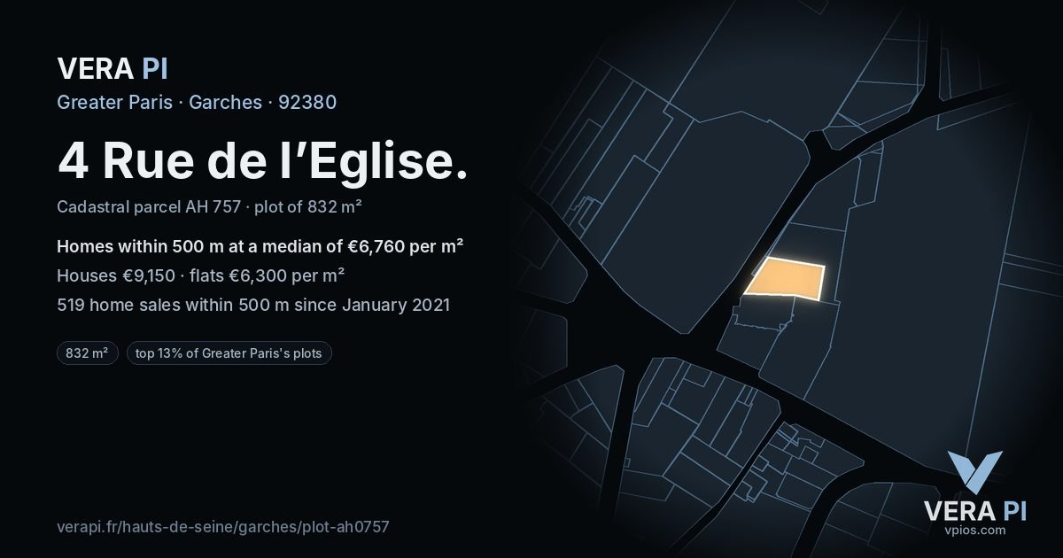 4 Rue de l’Eglise, Garches at night – the plot lit, the parcels around coloured by the prices near them