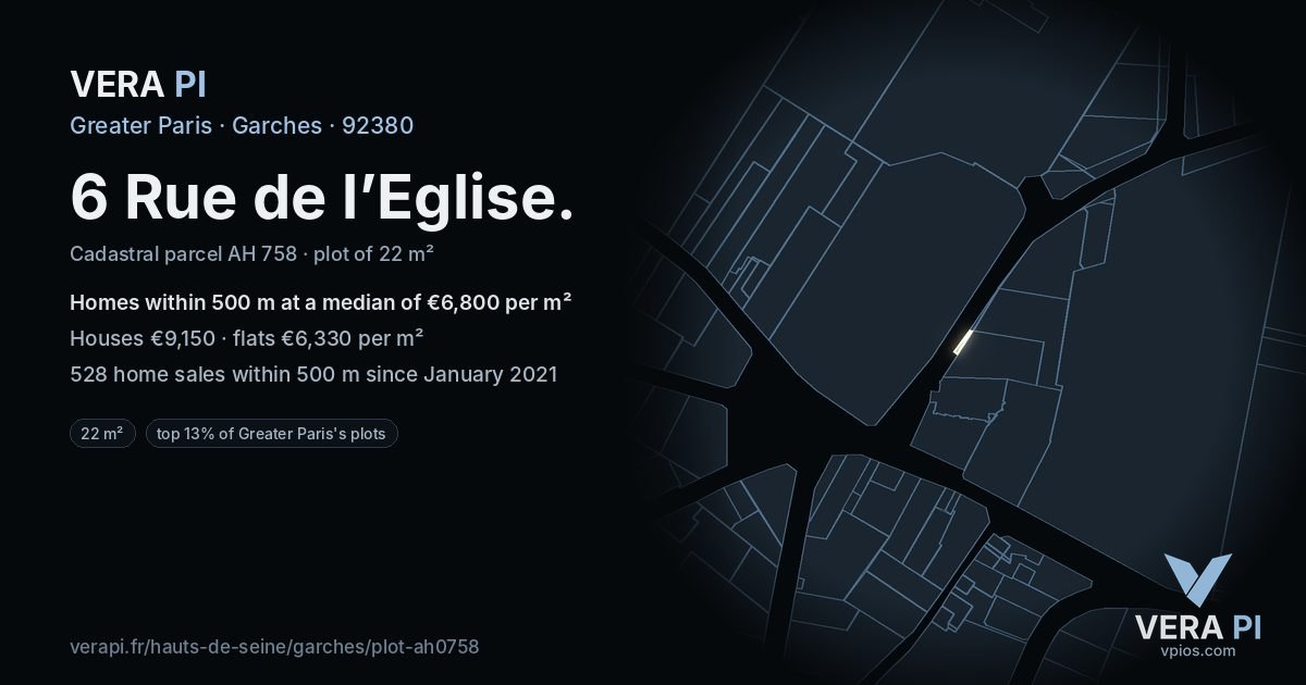 6 Rue de l’Eglise, Garches at night – the plot lit, the parcels around coloured by the prices near them