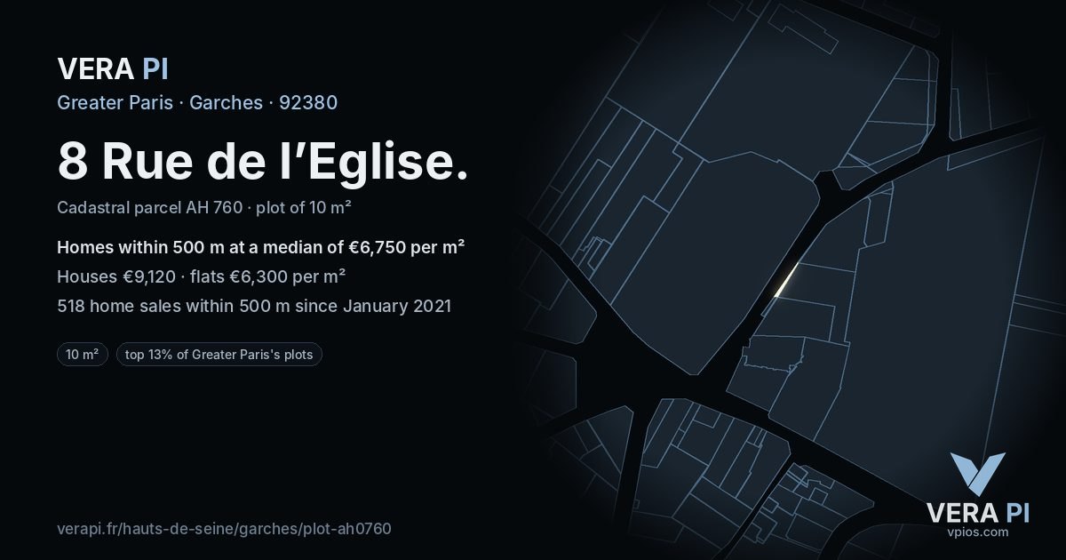 8 Rue de l’Eglise, Garches at night – the plot lit, the parcels around coloured by the prices near them