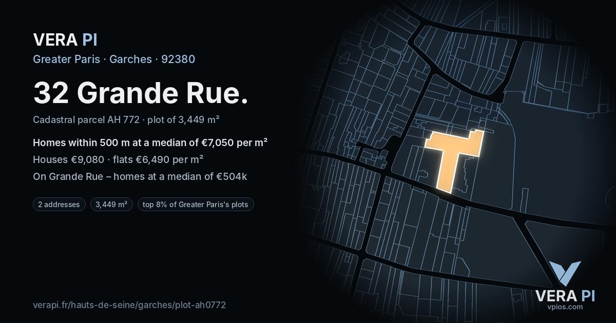 32 Grande Rue, Garches at night – the plot lit, the parcels around coloured by the prices near them