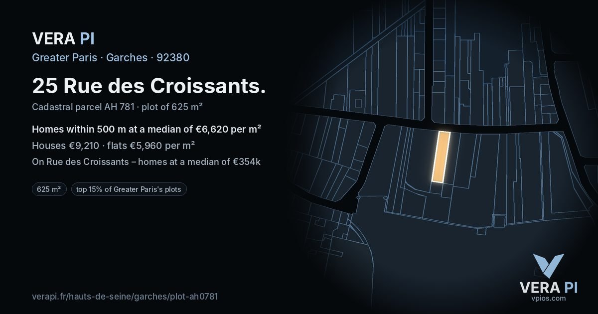 25 Rue des Croissants, Garches at night – the plot lit, the parcels around coloured by the prices near them