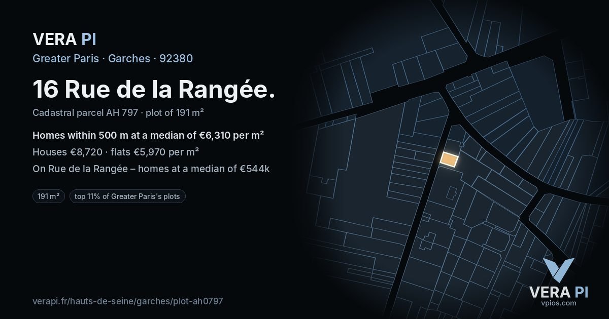 16 Rue de la Rangée, Garches at night – the plot lit, the parcels around coloured by the prices near them