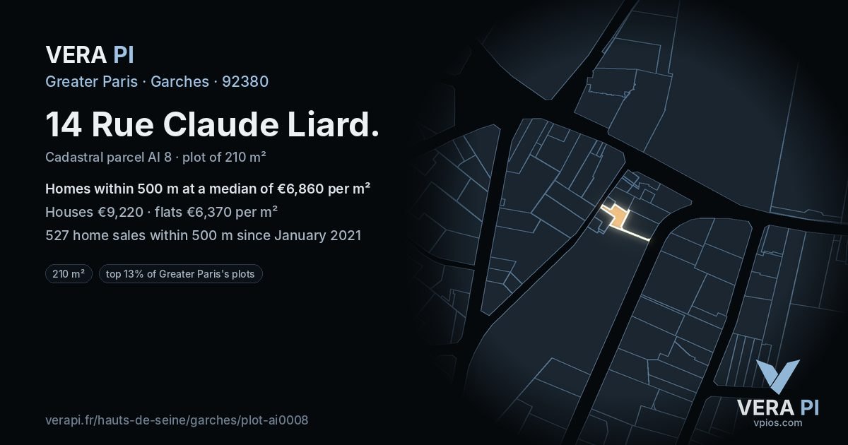 14 Rue Claude Liard, Garches at night – the plot lit, the parcels around coloured by the prices near them