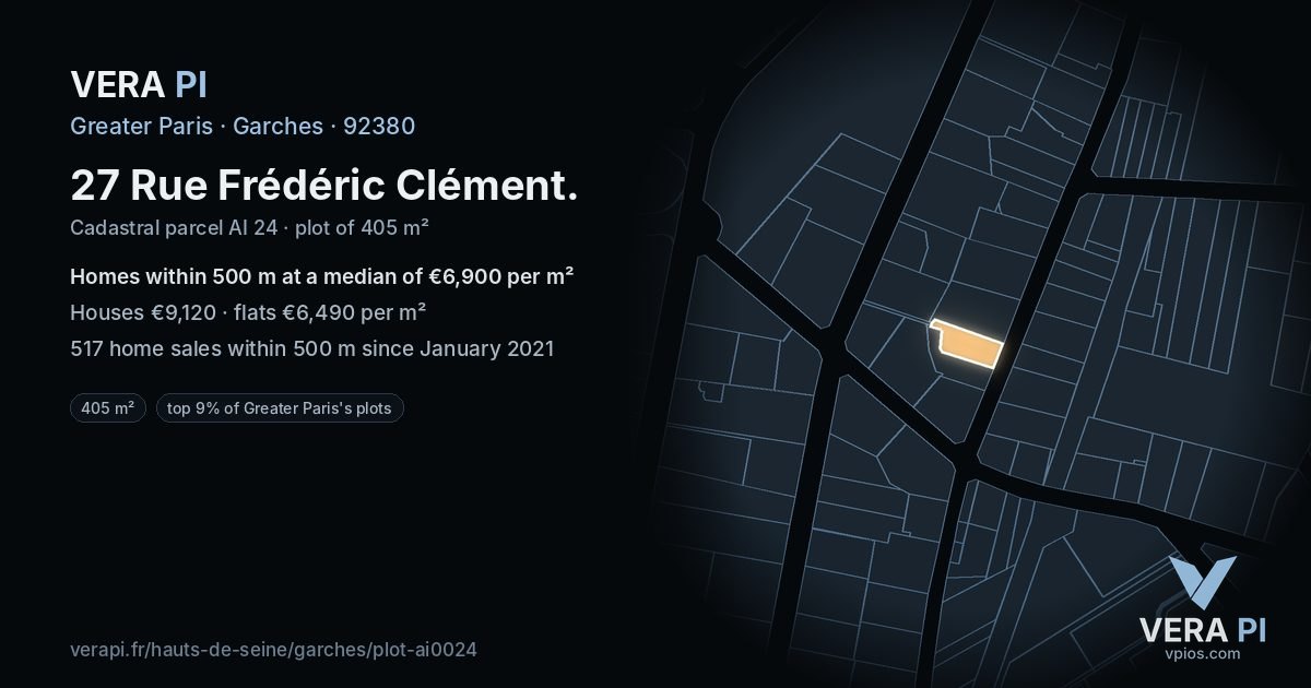 27 Rue Frédéric Clément, Garches at night – the plot lit, the parcels around coloured by the prices near them