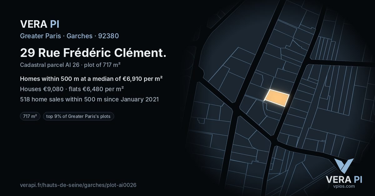 29 Rue Frédéric Clément, Garches at night – the plot lit, the parcels around coloured by the prices near them