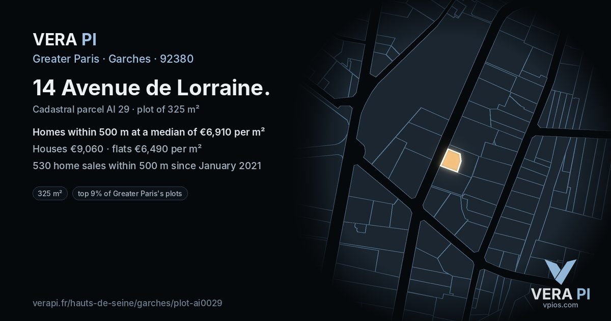 14 Avenue de Lorraine, Garches at night – the plot lit, the parcels around coloured by the prices near them