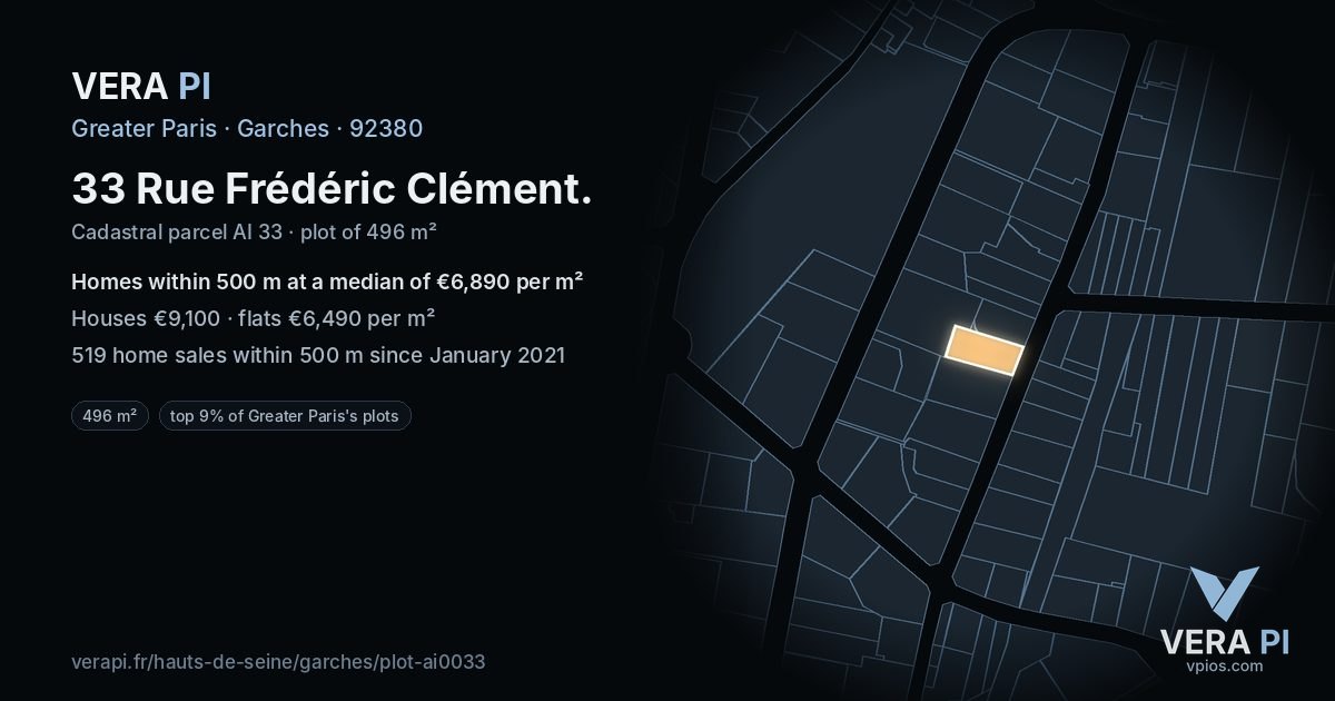 33 Rue Frédéric Clément, Garches at night – the plot lit, the parcels around coloured by the prices near them
