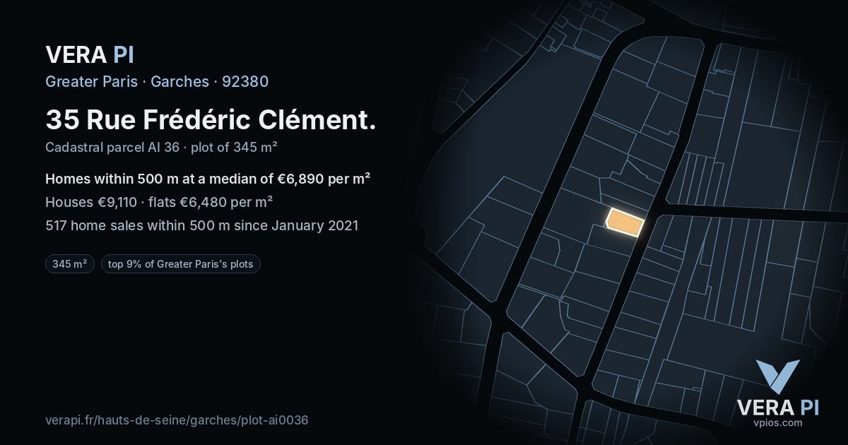 35 Rue Frédéric Clément, Garches at night – the plot lit, the parcels around coloured by the prices near them