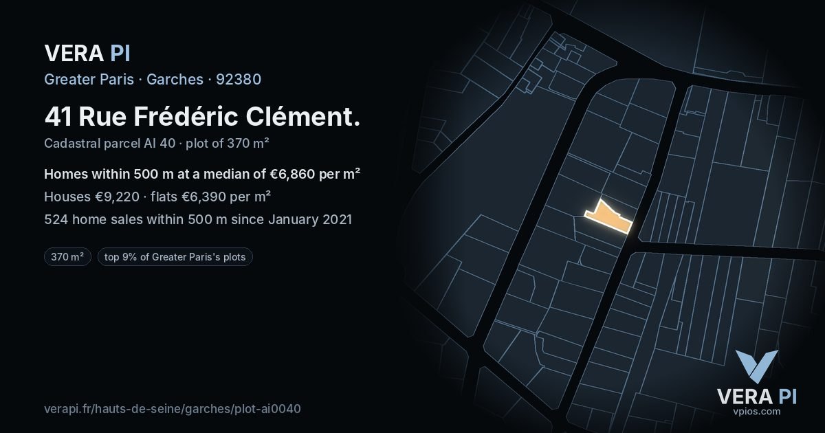 41 Rue Frédéric Clément, Garches at night – the plot lit, the parcels around coloured by the prices near them
