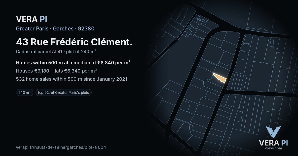43 Rue Frédéric Clément, Garches at night – the plot lit, the parcels around coloured by the prices near them