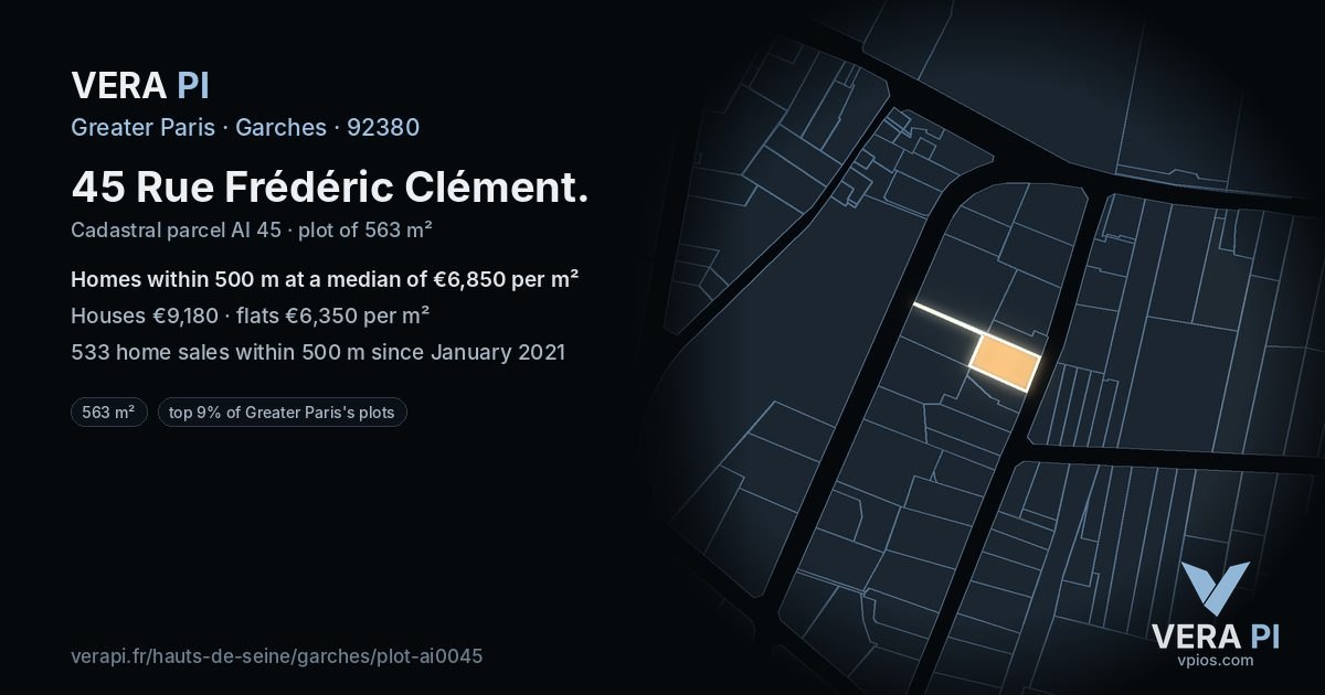 45 Rue Frédéric Clément, Garches at night – the plot lit, the parcels around coloured by the prices near them
