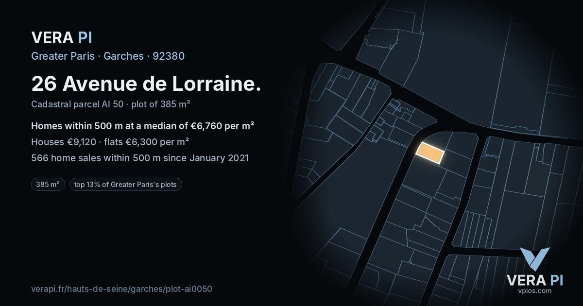 26 Avenue de Lorraine, Garches at night – the plot lit, the parcels around coloured by the prices near them