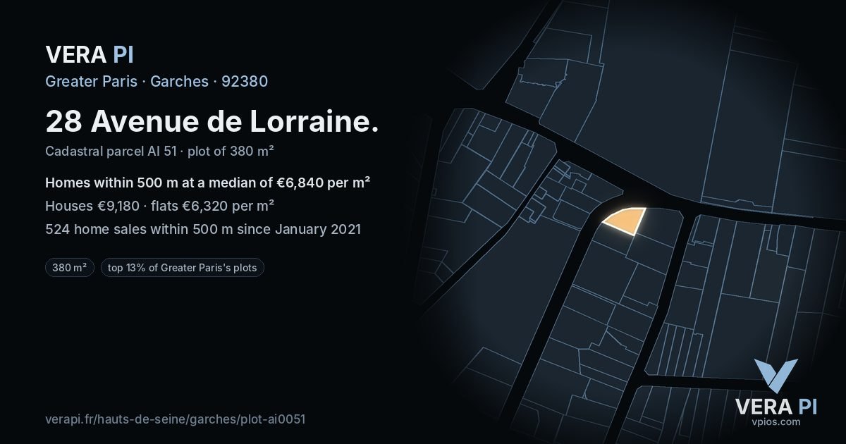28 Avenue de Lorraine, Garches at night – the plot lit, the parcels around coloured by the prices near them