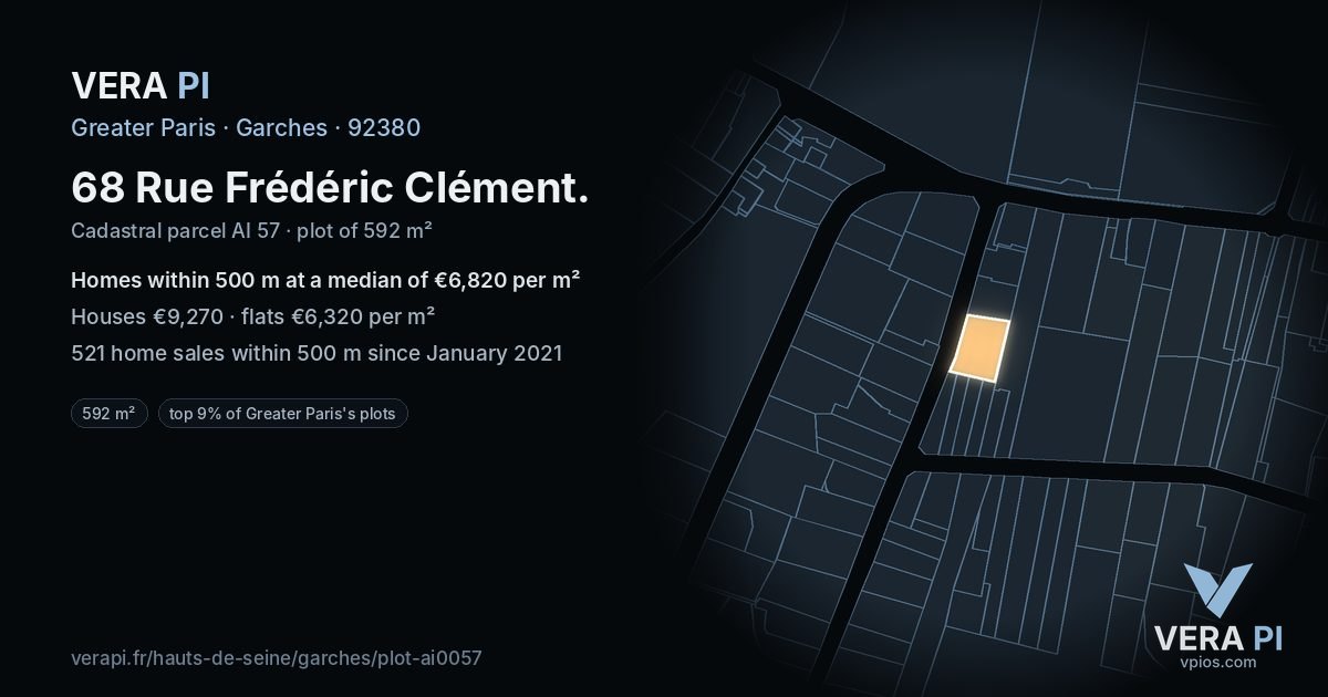 68 Rue Frédéric Clément, Garches at night – the plot lit, the parcels around coloured by the prices near them