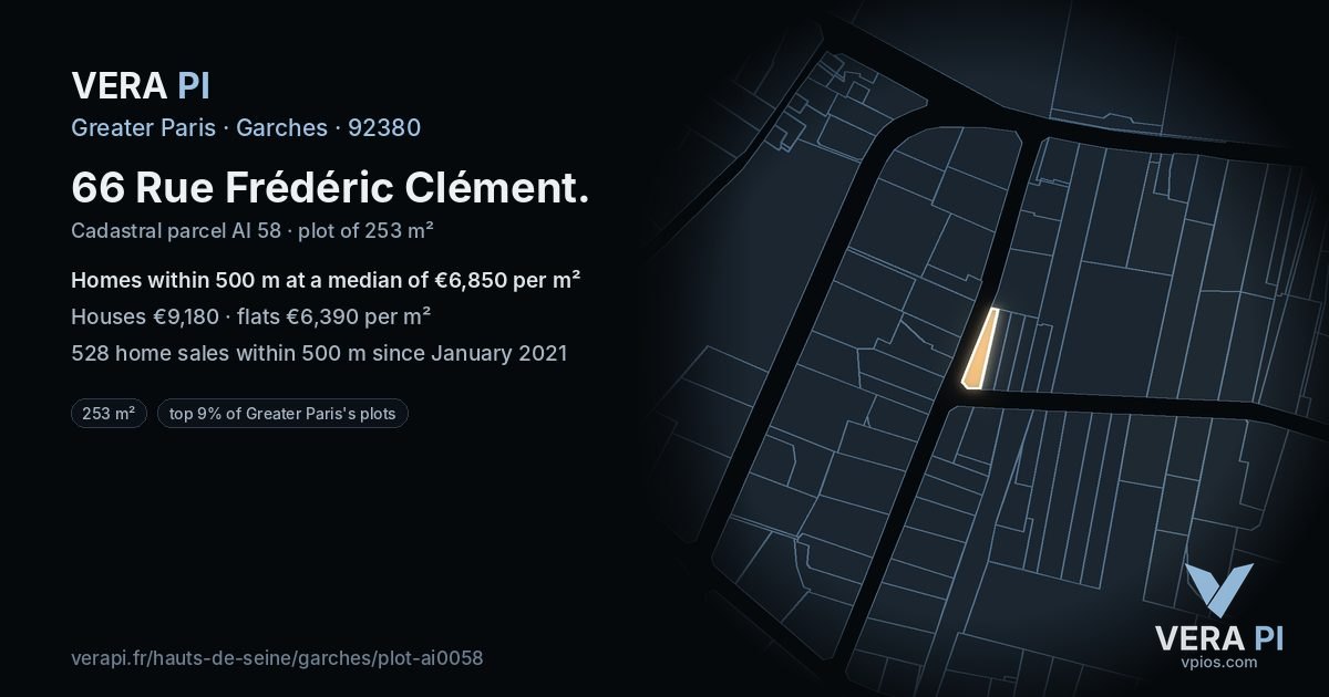 66 Rue Frédéric Clément, Garches at night – the plot lit, the parcels around coloured by the prices near them