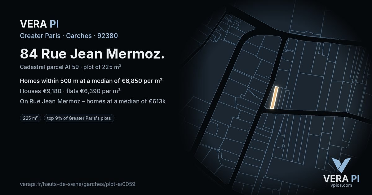 84 Rue Jean Mermoz, Garches at night – the plot lit, the parcels around coloured by the prices near them