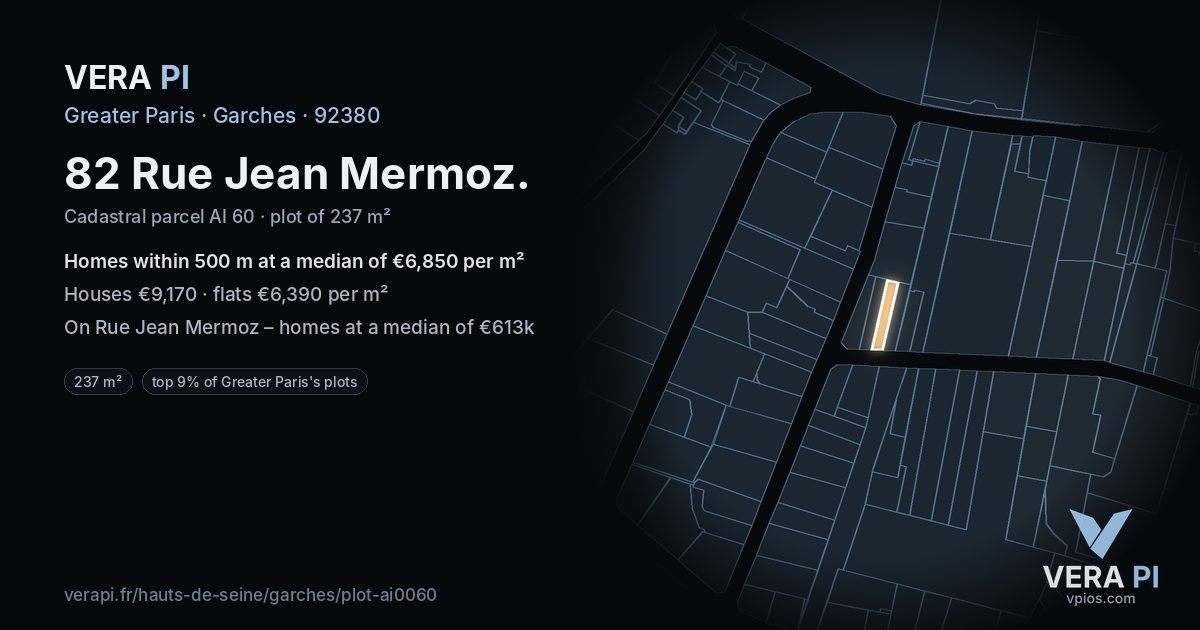 82 Rue Jean Mermoz, Garches at night – the plot lit, the parcels around coloured by the prices near them