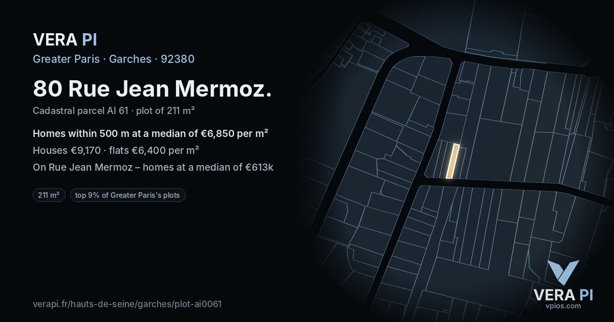 80 Rue Jean Mermoz, Garches at night – the plot lit, the parcels around coloured by the prices near them
