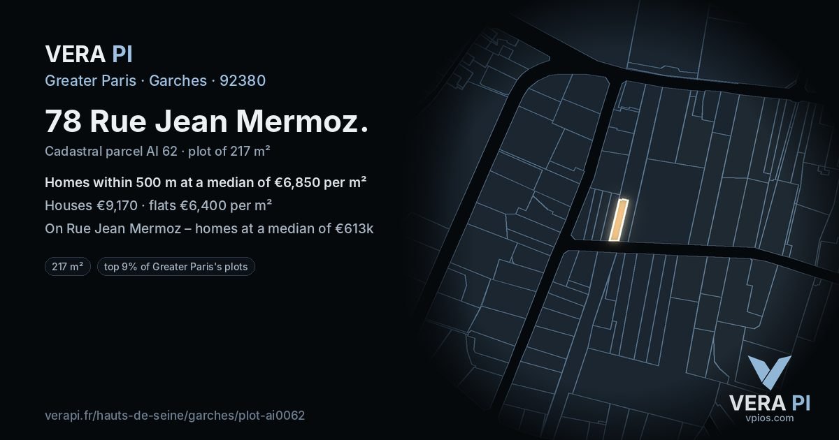 78 Rue Jean Mermoz, Garches at night – the plot lit, the parcels around coloured by the prices near them