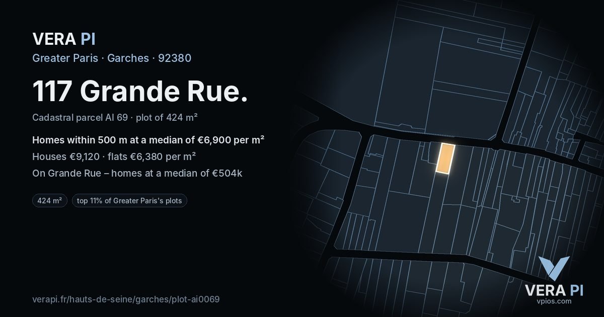 117 Grande Rue, Garches at night – the plot lit, the parcels around coloured by the prices near them