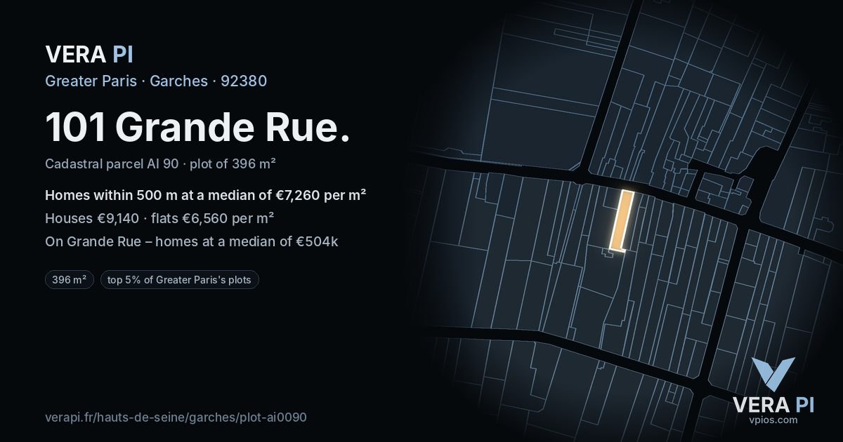 101 Grande Rue, Garches at night – the plot lit, the parcels around coloured by the prices near them