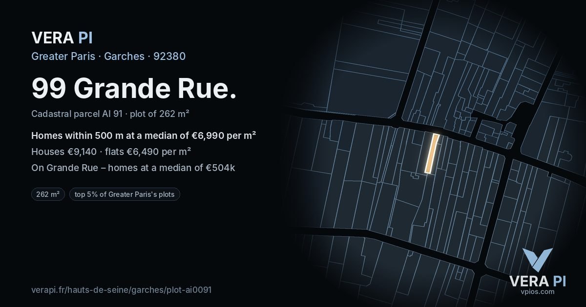 99 Grande Rue, Garches at night – the plot lit, the parcels around coloured by the prices near them