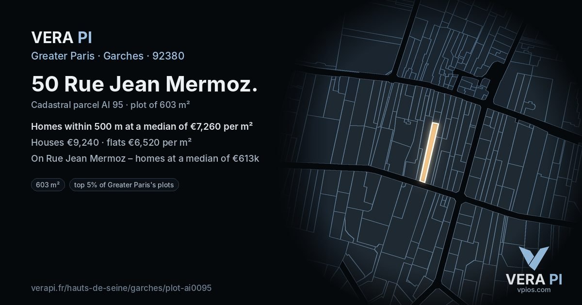 50 Rue Jean Mermoz, Garches at night – the plot lit, the parcels around coloured by the prices near them
