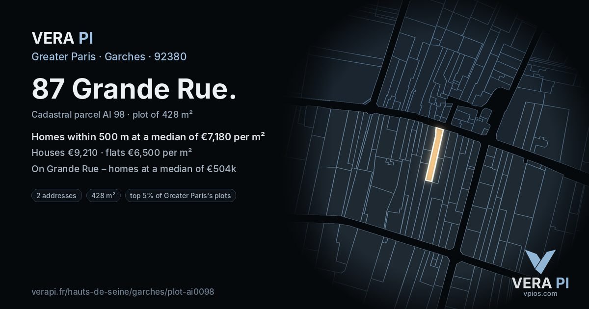 87 Grande Rue, Garches at night – the plot lit, the parcels around coloured by the prices near them