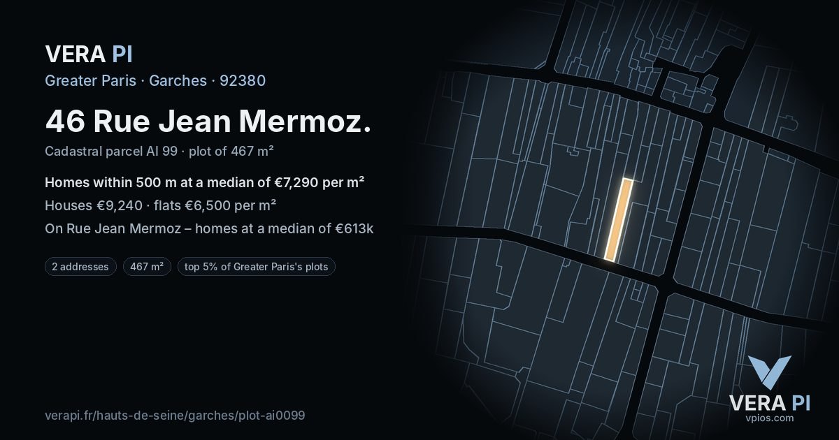 46 Rue Jean Mermoz, Garches at night – the plot lit, the parcels around coloured by the prices near them