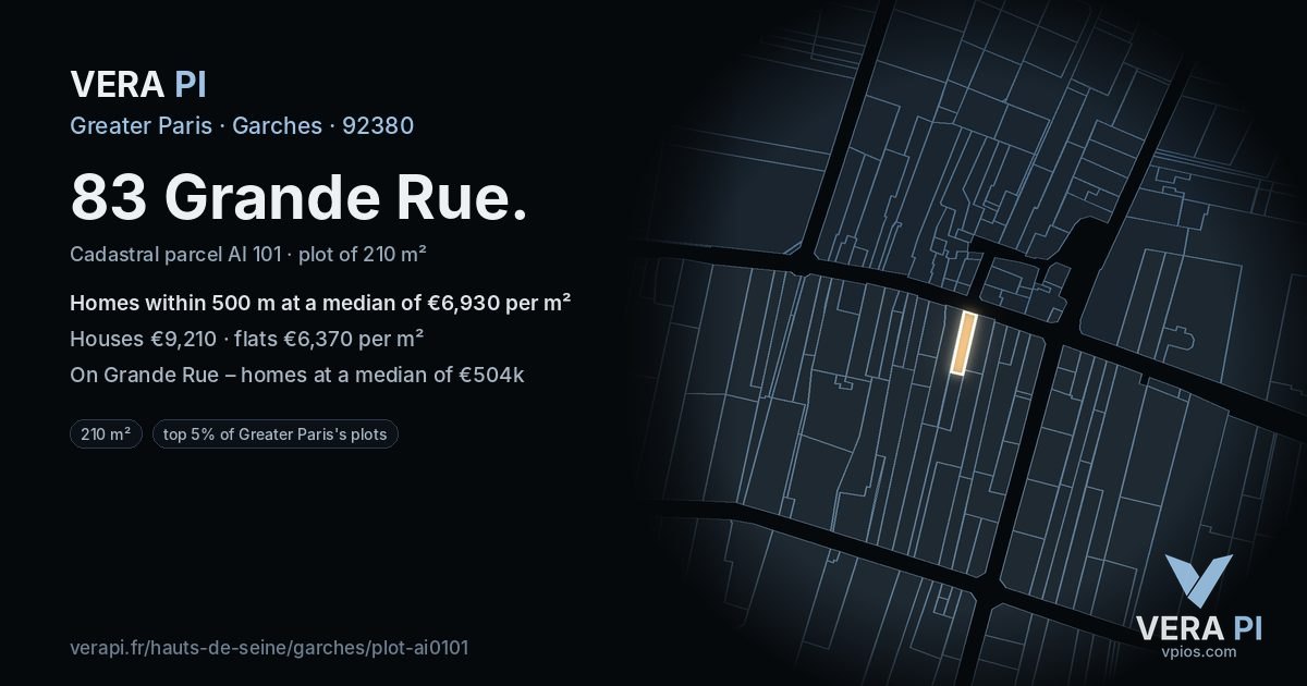 83 Grande Rue, Garches at night – the plot lit, the parcels around coloured by the prices near them
