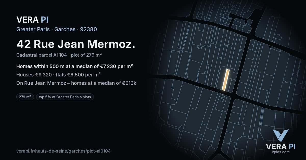42 Rue Jean Mermoz, Garches at night – the plot lit, the parcels around coloured by the prices near them